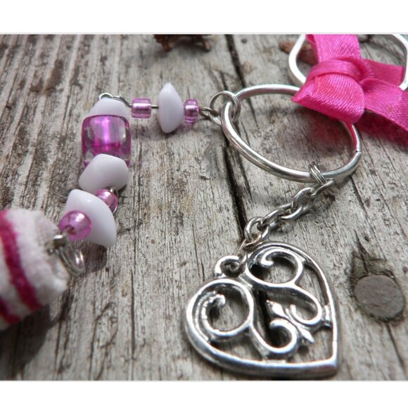 3x35$ 🐿 🍁 CREATION - Heart short necklace ruban beads pompom - pink white - Picture 4 of 4